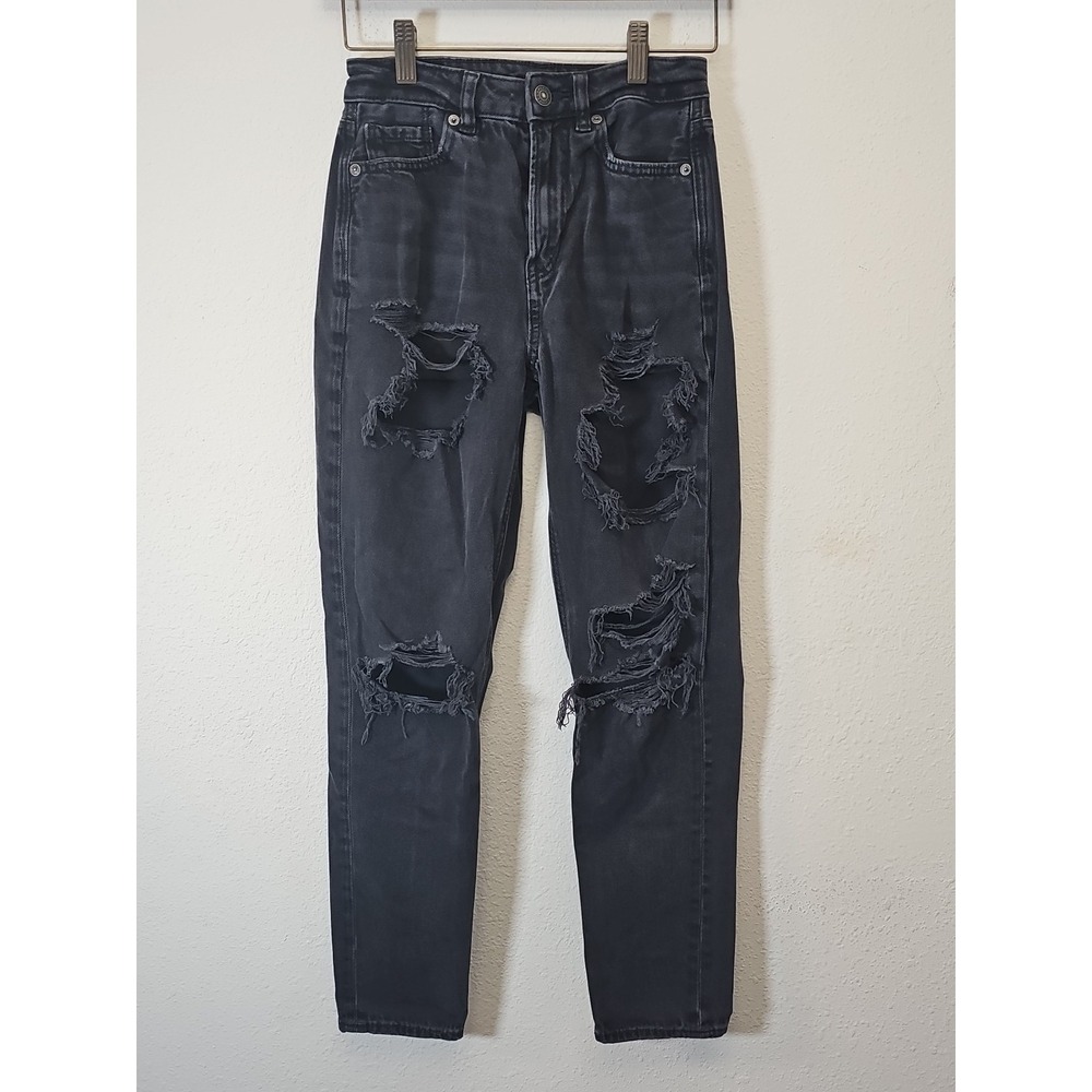 American Eagle Jeans Women's Black Ripped Denim Jean Distressed Size 00